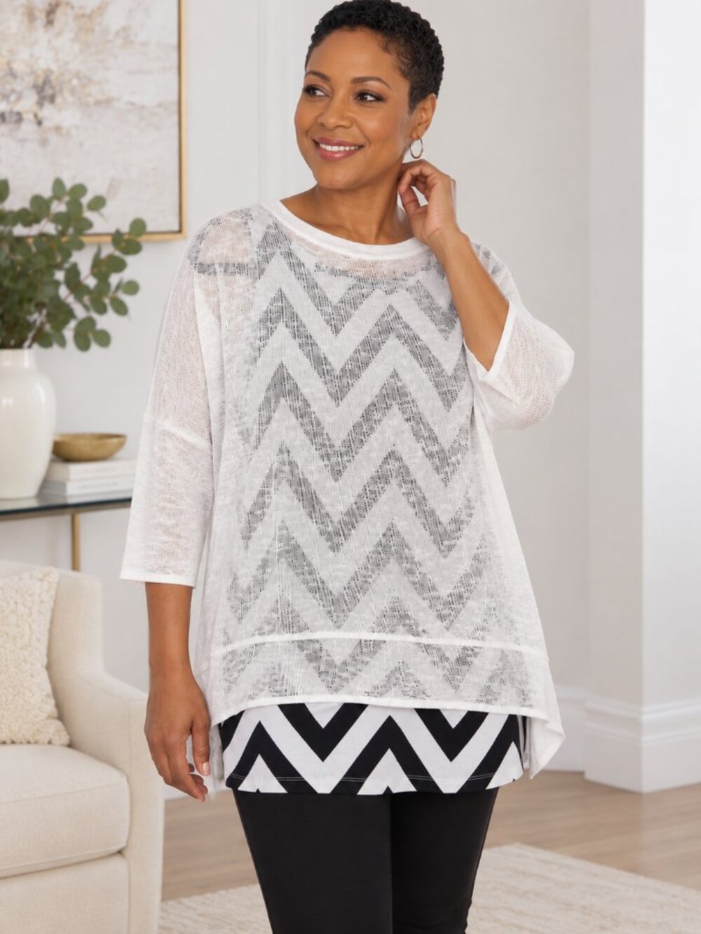 Grace Elements Women’s Medium White Sheer Knit Layered Chevron Tunic Top NWOT